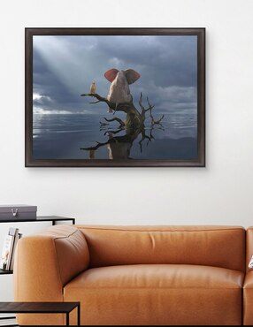 Cuadro decorativo Elefante y perro sentados en un árbol huyendo de una inundación de Mike Kiev técnica mixta Cuadros Jr