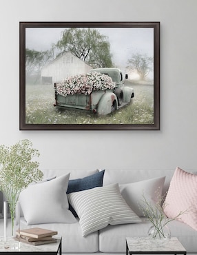 Cuadro decorativo Camioneta verde con petunias rosadas de Lori Deiter técnica mixta Cuadros Jr