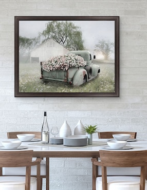 Cuadro decorativo Camioneta verde con petunias rosadas de Lori Deiter técnica mixta Cuadros Jr