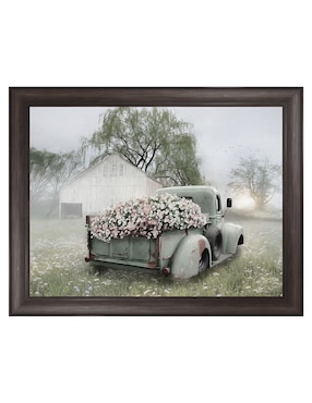 Cuadro decorativo Camioneta verde con petunias rosadas de Lori Deiter técnica mixta Cuadros Jr