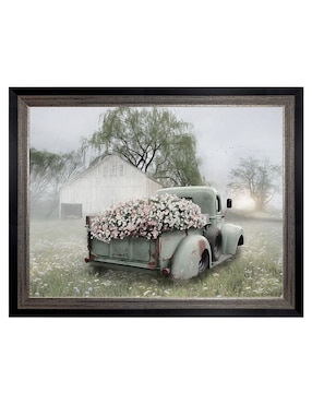 Cuadro decorativo Camioneta verde con petunias rosadas de Lori Deiter técnica mixta Cuadros Jr