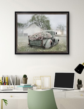 Cuadro decorativo Camioneta verde con petunias rosadas de Lori Deiter técnica mixta Cuadros Jr