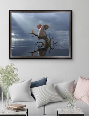 Cuadro decorativo Elefante y perro sentados en un árbol huyendo de una inundación de Mike Kiev técnica mixta Cuadros Jr