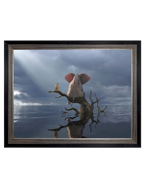 Cuadro decorativo Elefante y perro sentados en un árbol huyendo de una inundación de Mike Kiev técnica mixta Cuadros Jr