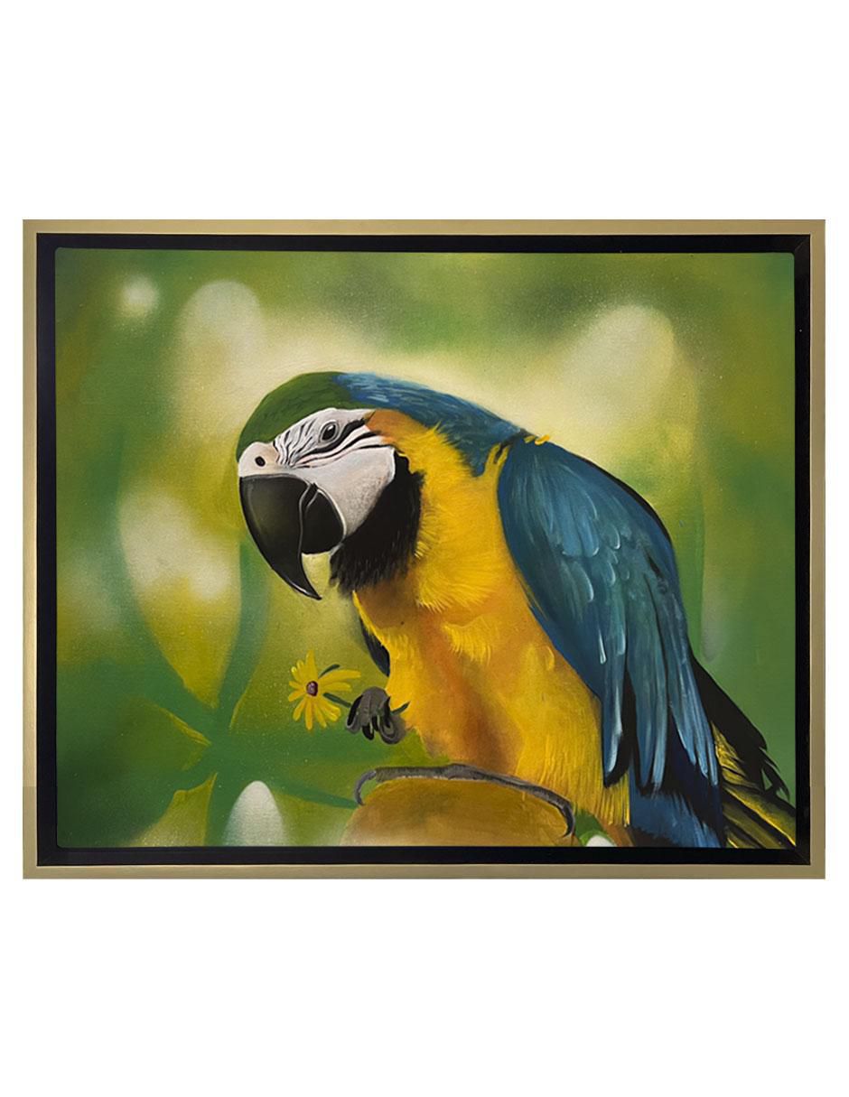 Pintura Perico y su flor técnica mixta AnimalArt Pintura Perico y su flor técnica mixta AnimalArt
