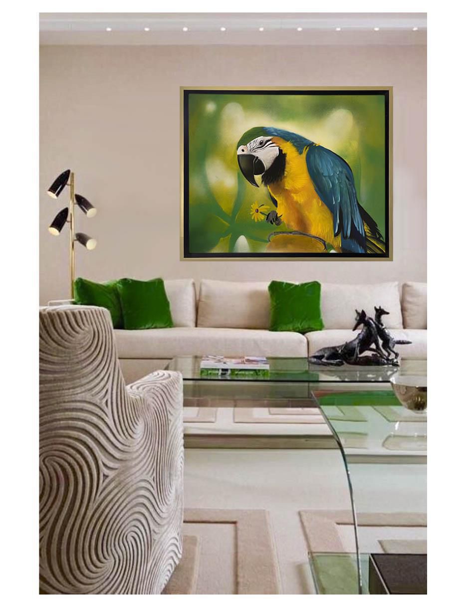Pintura Perico y su flor técnica mixta AnimalArt 3