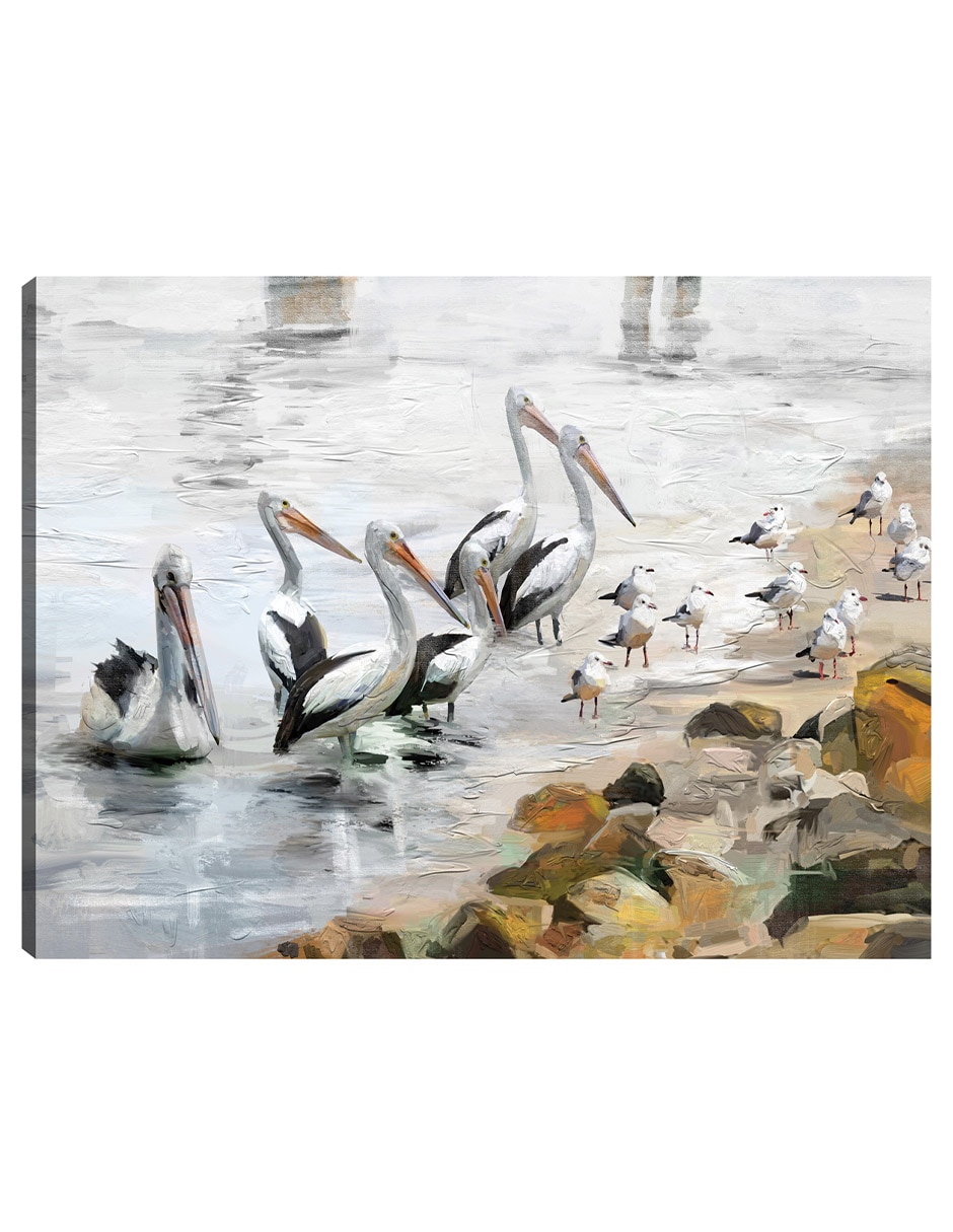 Cuadro decorativo Playa pelícano técnica mixta Aves silvestres