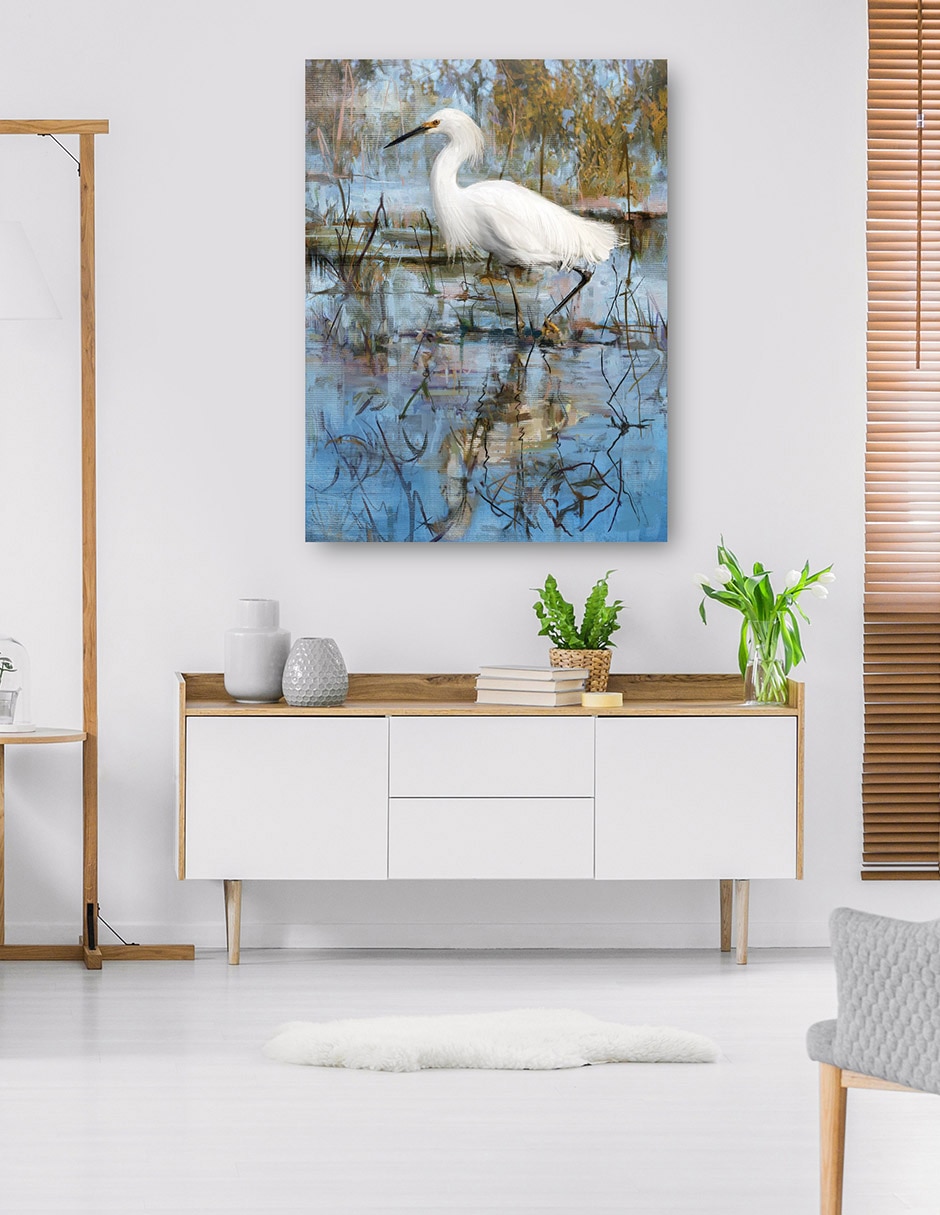 Cuadro decorativo Garceta blanca técnica mixta Aves Silvestres 6