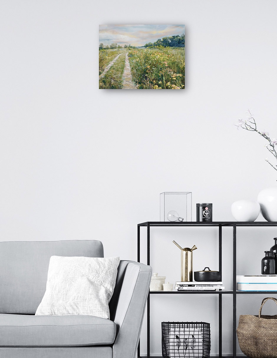 Cuadro decorativo Pradera junto al lago técnica mixta Caminos 2
