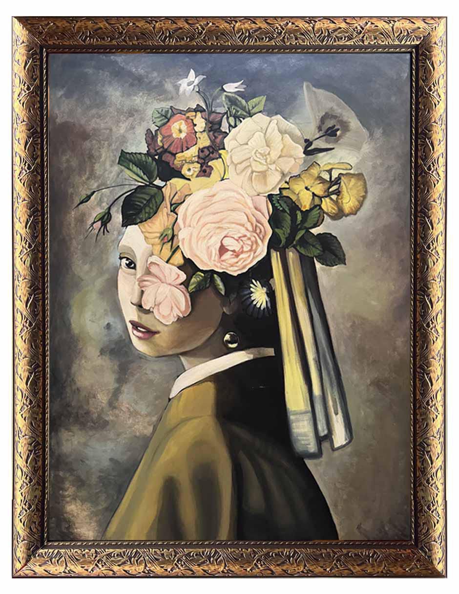 Pintura La Joven de la Perla y Flores técnica óleo Galería de arte