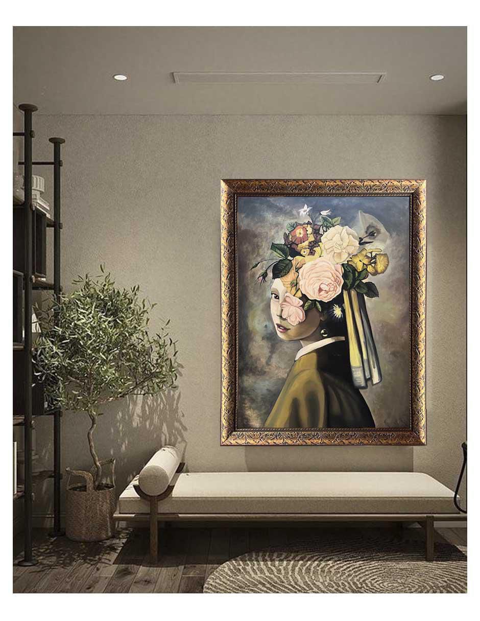 Pintura La Joven de la Perla y Flores técnica óleo Galería de arte 2