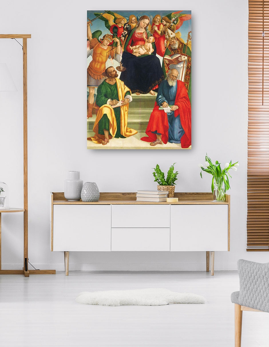 Cuadro decorativo Virgen y el Niño con santos y ángeles, mediados o finales de la década de 1510 técnica mixta Figuras Celestiales 5