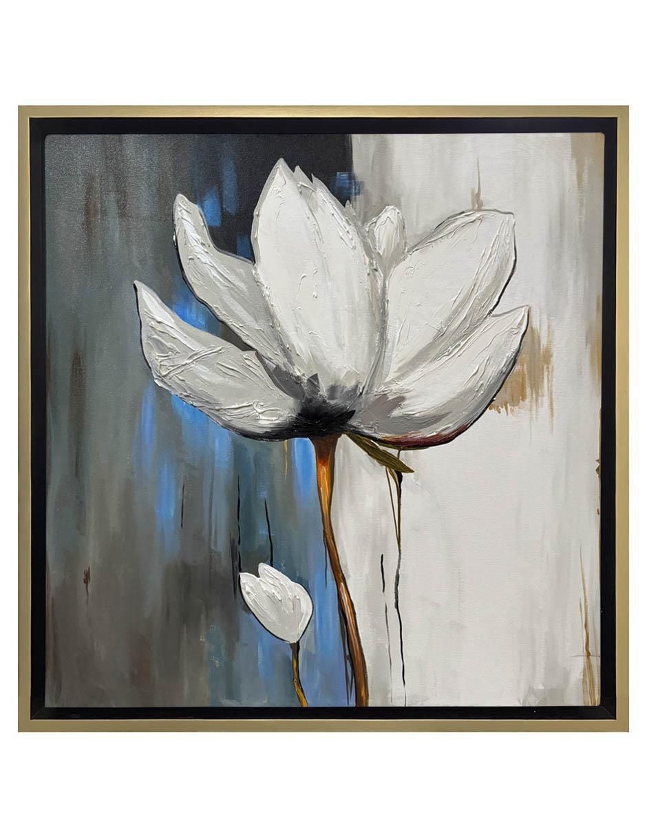 Pintura Flor Blanca En Azul Grisaceo técnica acrílico