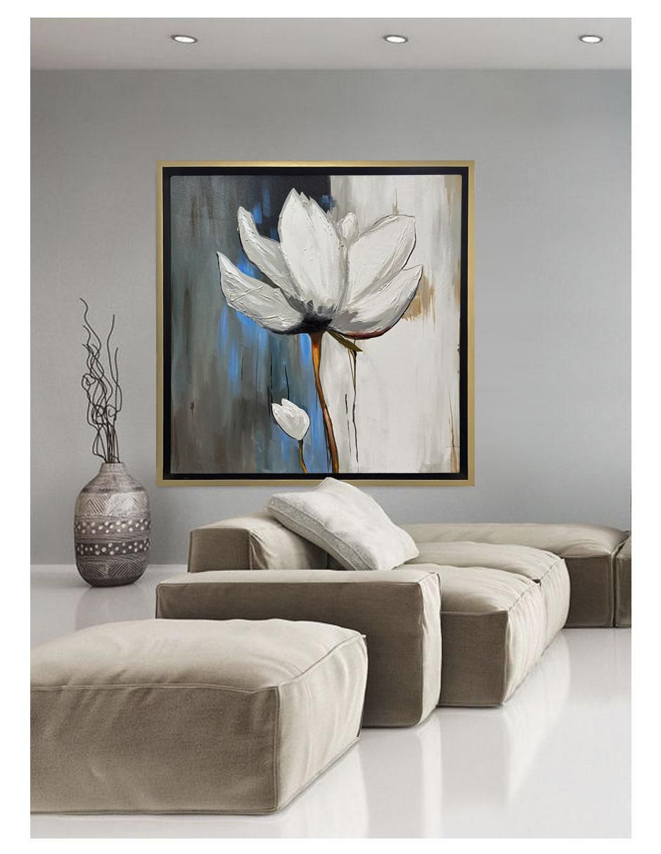Pintura Flor Blanca En Azul Grisaceo técnica acrílico 2