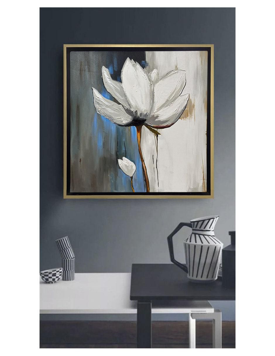 Pintura Flor Blanca En Azul Grisaceo técnica acrílico 4