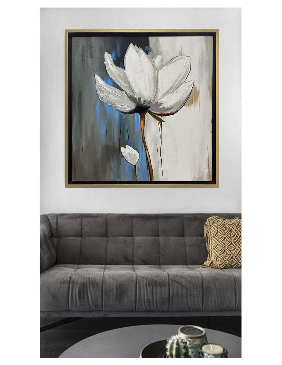 Pintura Flor Blanca En Azul Grisaceo técnica acrílico 5