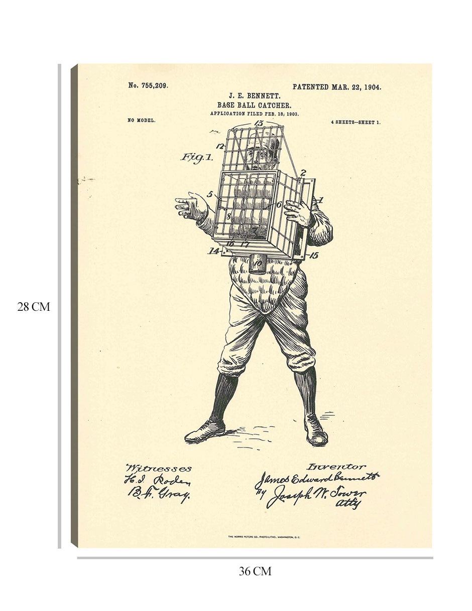 Cuadro decorativo Patente de receptor de béisbol, 22 de marzo de 1904 técnica mixta Planos 8