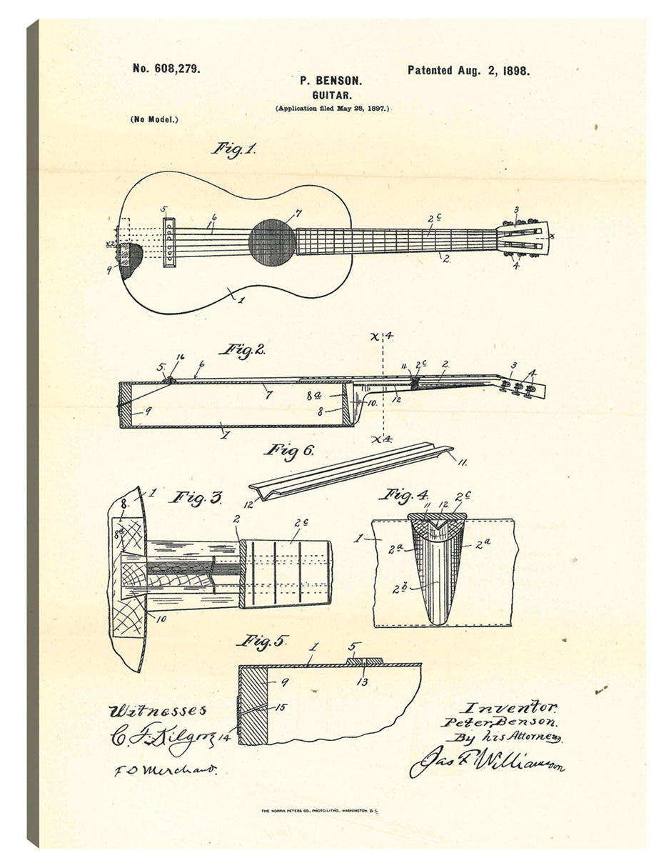 Cuadro decorativo Guitarra patentada, inventor: Peter Benson, 2 de agosto de 1898 técnica mixta Planos