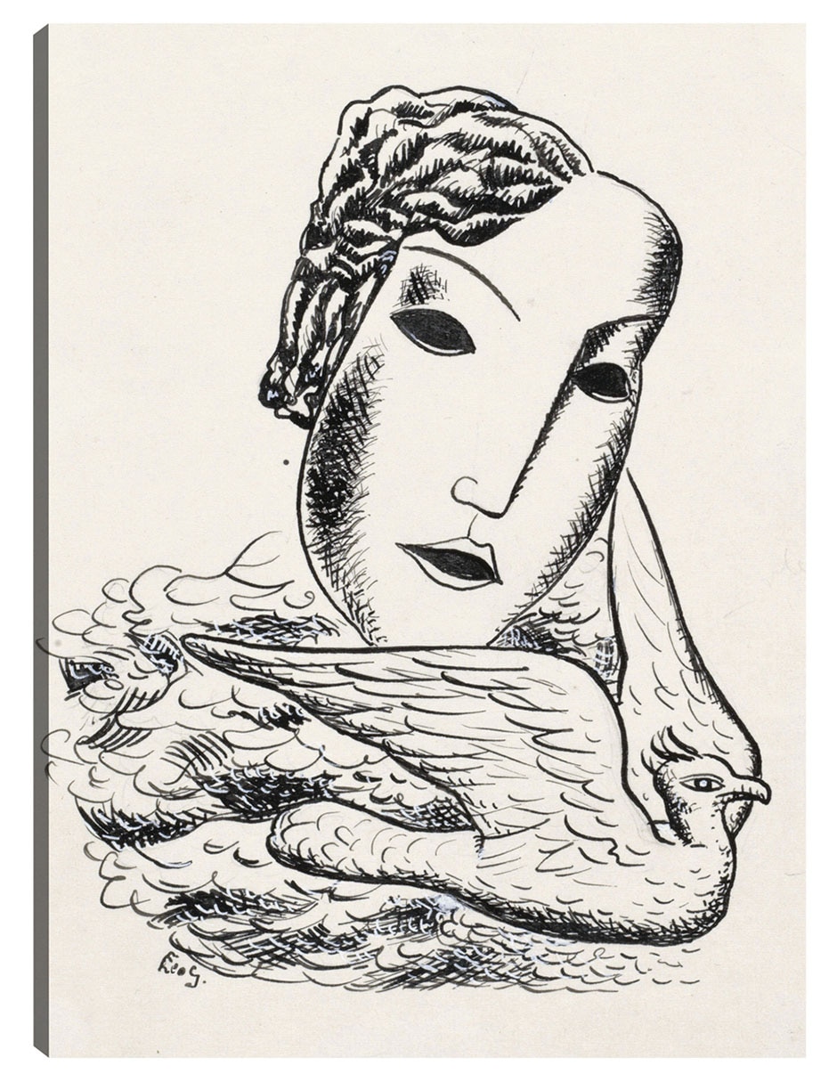 Cuadro decorativo Cabeza de mujer con pájaro (1935) técnica mixta Bocetos