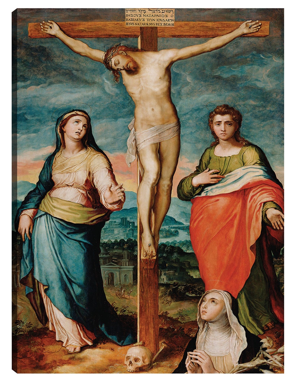 Cuadro decorativo Cristo en la cruz con los santos María, Juan evangelista y Catalina de Siena (alrededor de 1570) técnica mixta Figuras Celestiales