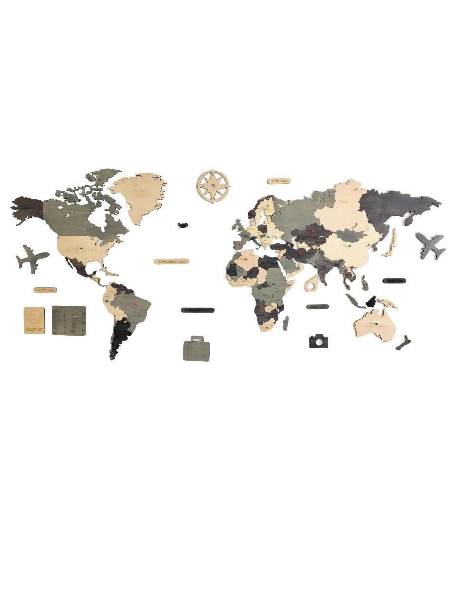 Cuadro decorativo mapa del madera del mundo tricolor