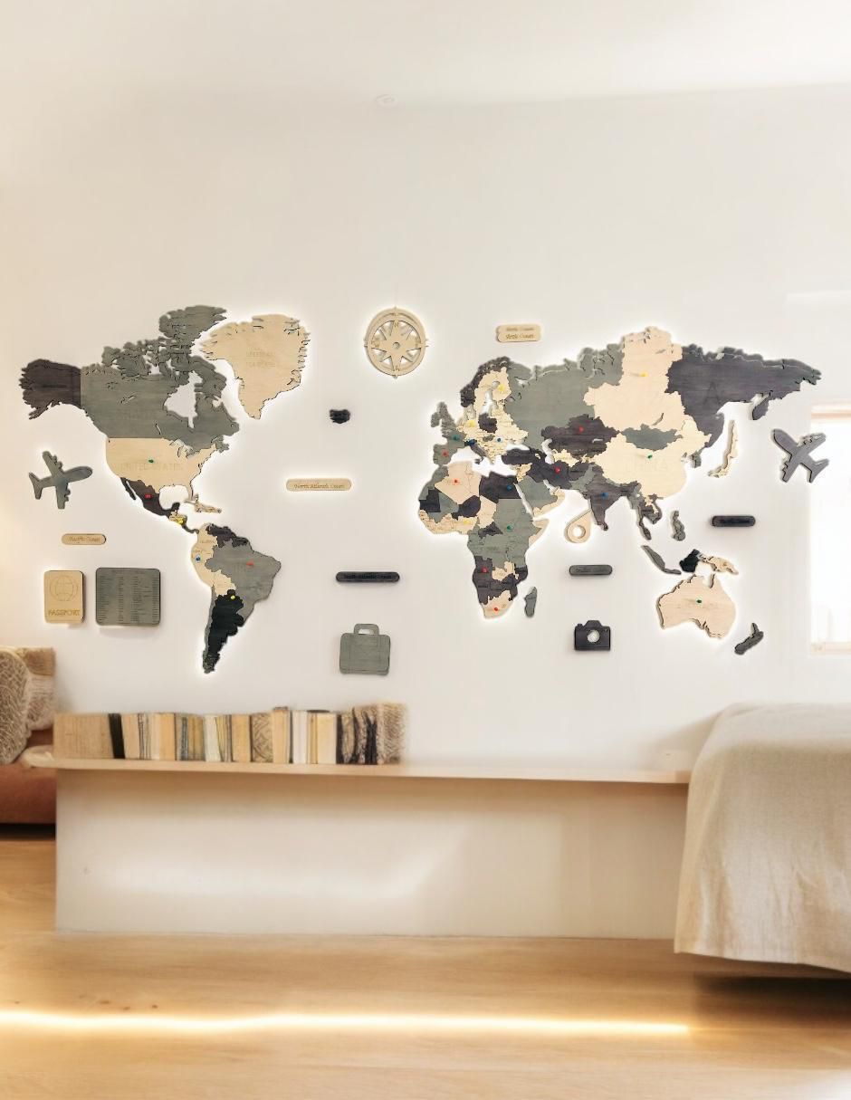 Cuadro decorativo mapa del madera del mundo tricolor 4