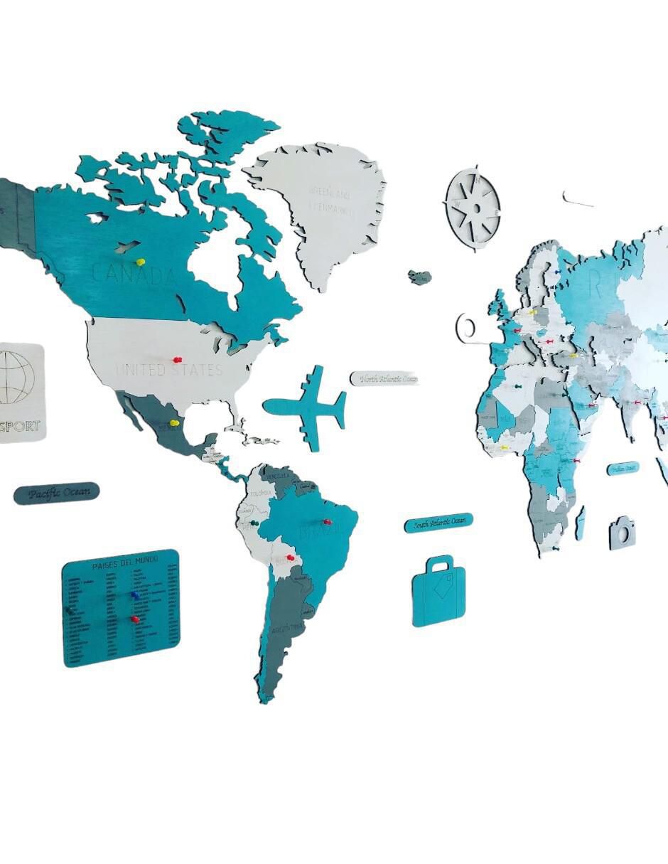 Cuadro decorativo mapa de madera del mundo tricolor 2