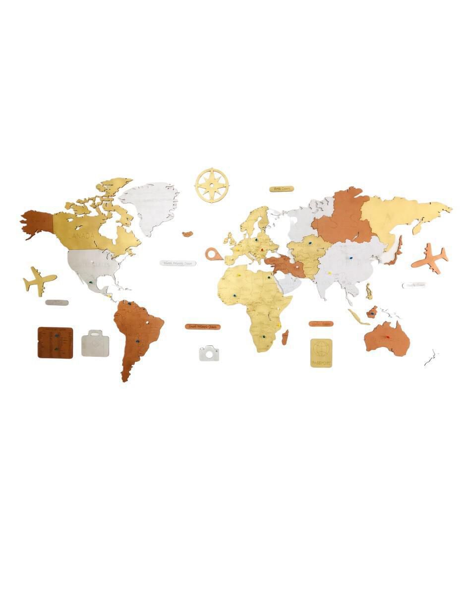 Cuadro decorativo mapa de madera del mundo tricolor