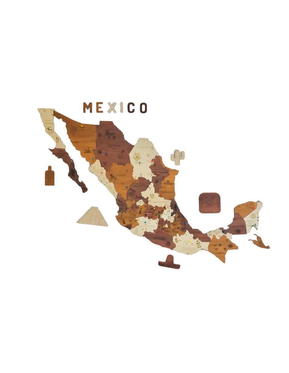 Cuadro decorativo mapa de madera de mexico tricolor