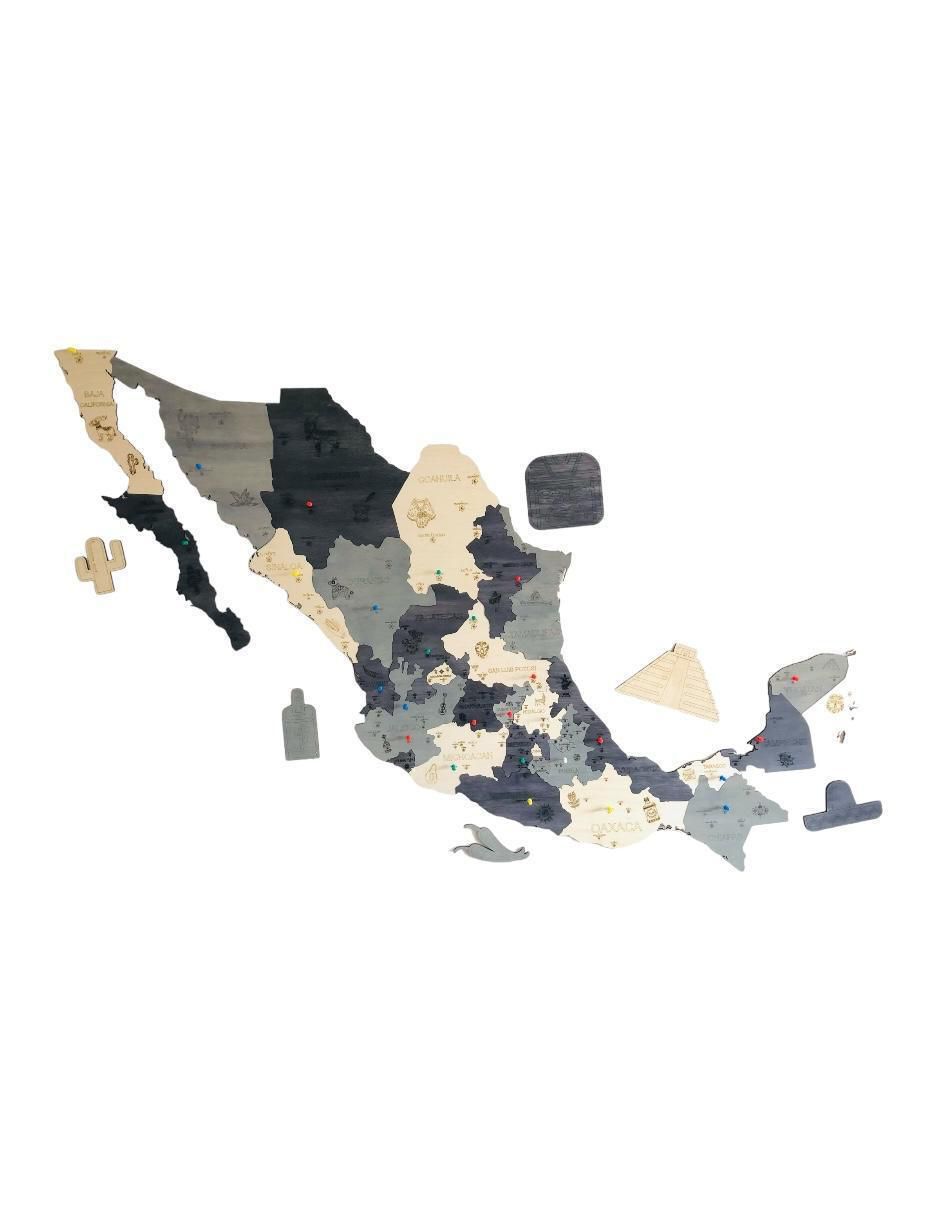 Cuadro decorativo mapa de madera de mexico tricolor
