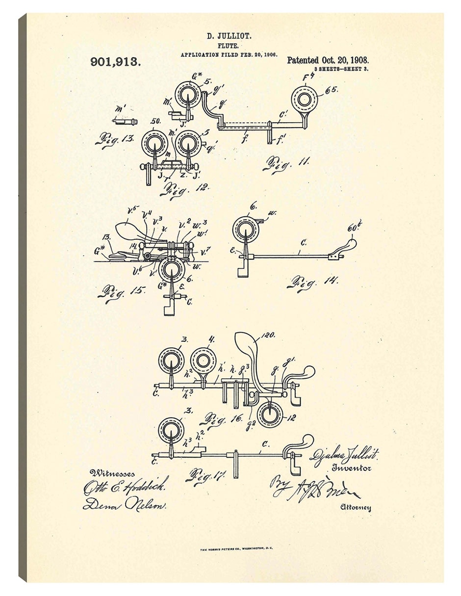 Cuadro decorativo Flauta patentada, inventora Djalma Julliot, 20 de octubre de 1909 III técnica mixta Planos