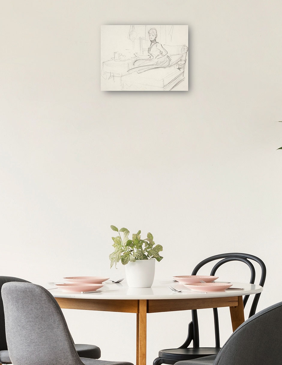 Cuadro decorativo Señora en la mesa de té técnica mixta Bocetos 2
