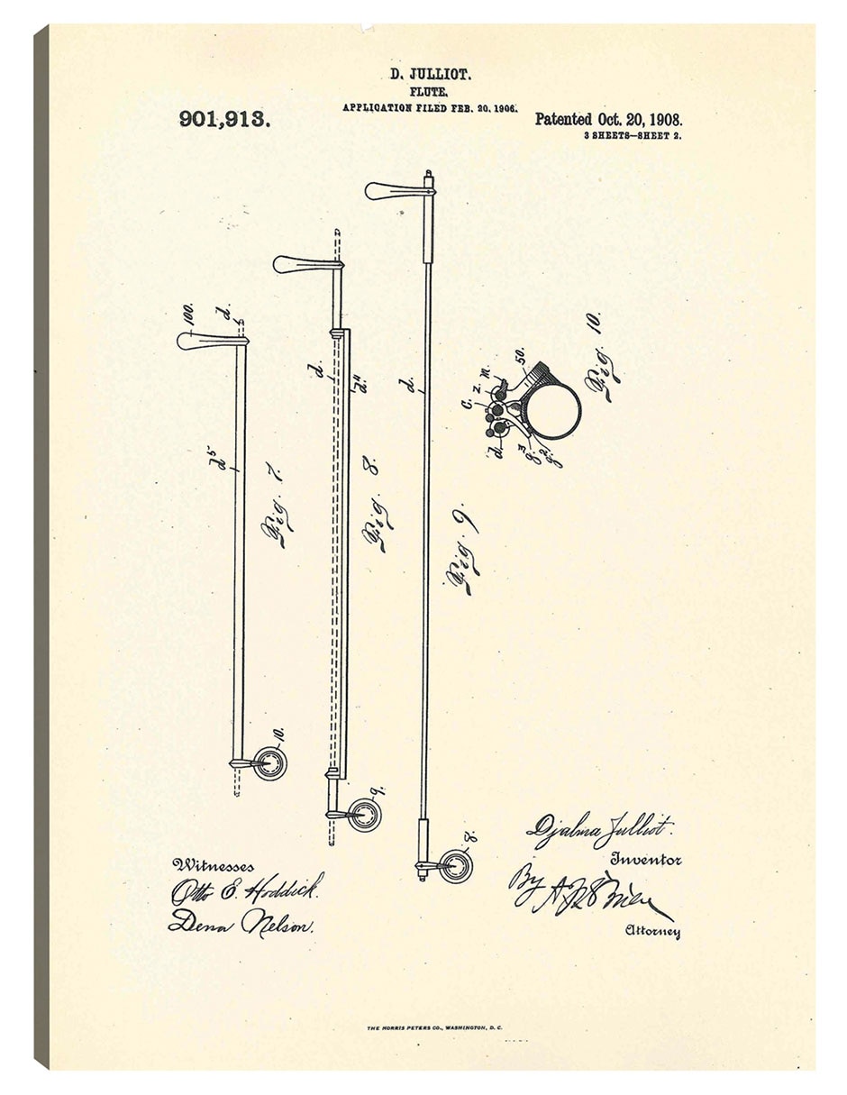 Cuadro decorativo Flauta patentada, inventora Djalma Julliot, 20 de octubre de 1909 II técnica mixta Planos