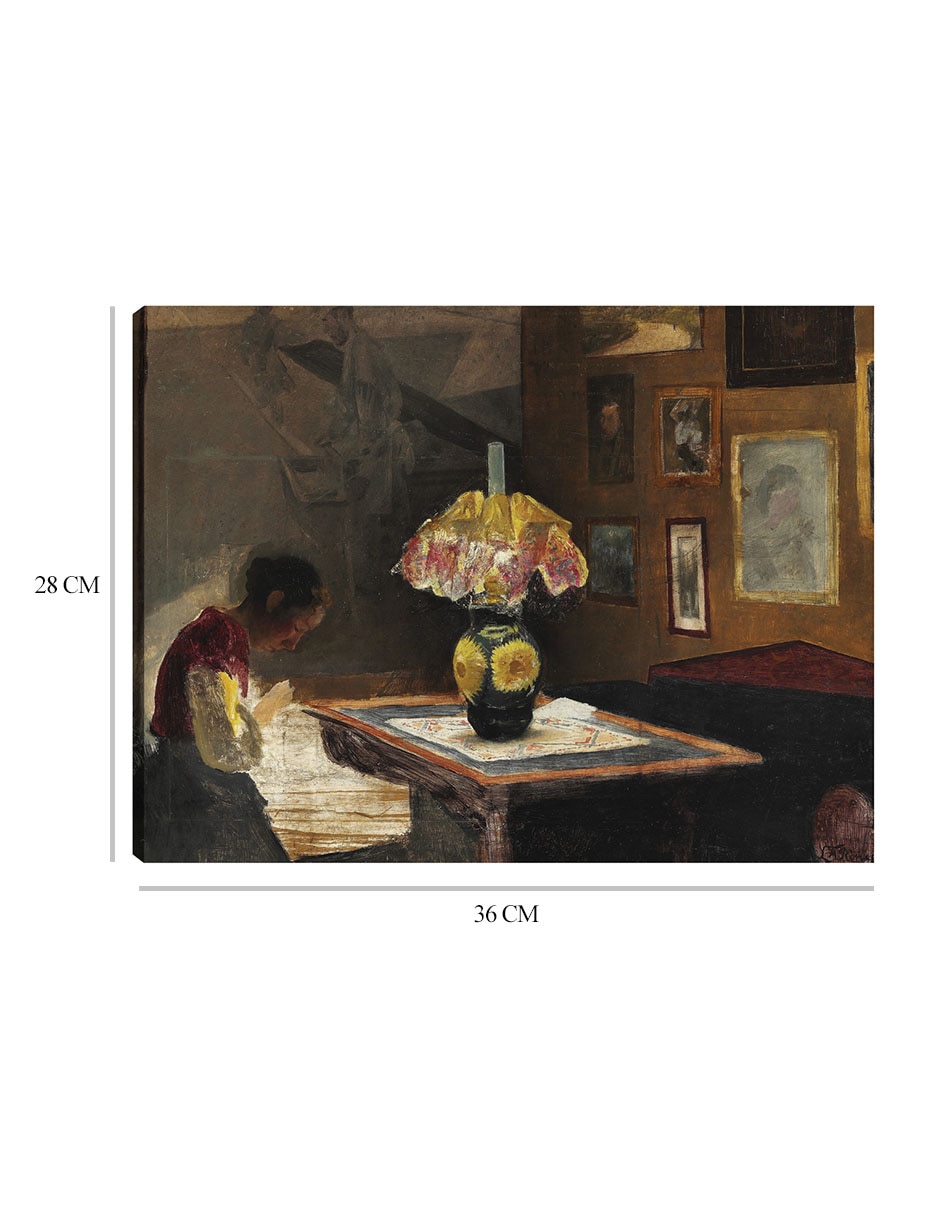 Cuadro decorativo Sigrid, la esposa del artista, cosiendo a la luz de una lámpara (1898) técnica mixta 3