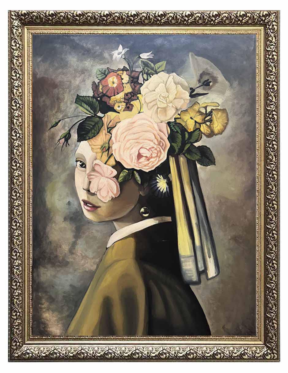 Pintura La chica del arete y flores técnica óleo Pintura La chica del arete y flores técnica óleo