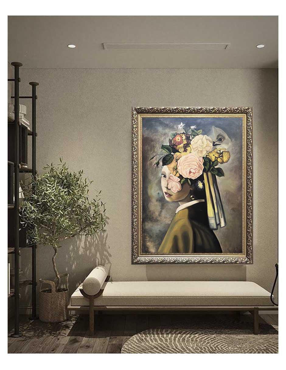 Pintura La chica del arete y flores técnica óleo 3