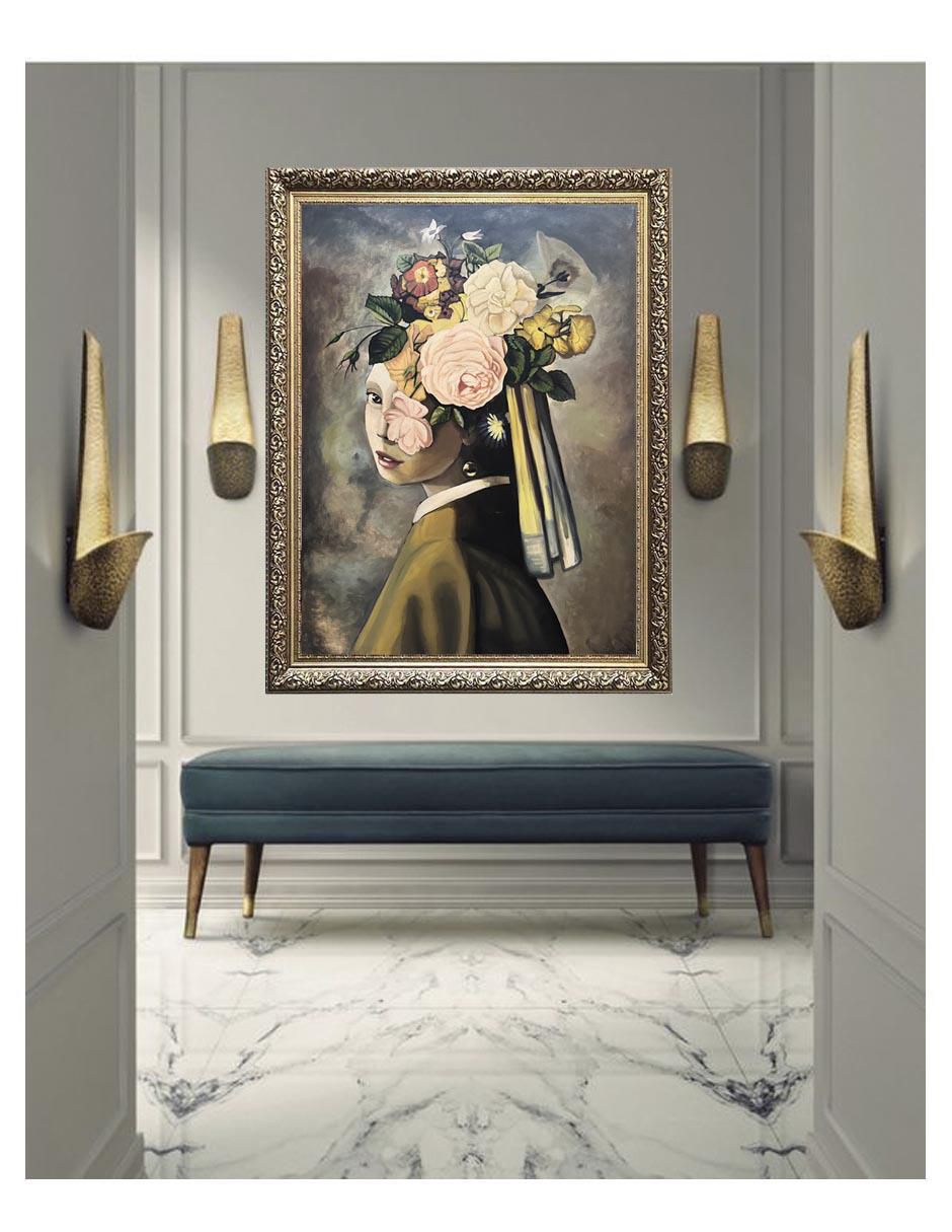 Pintura La chica del arete y flores técnica óleo 4