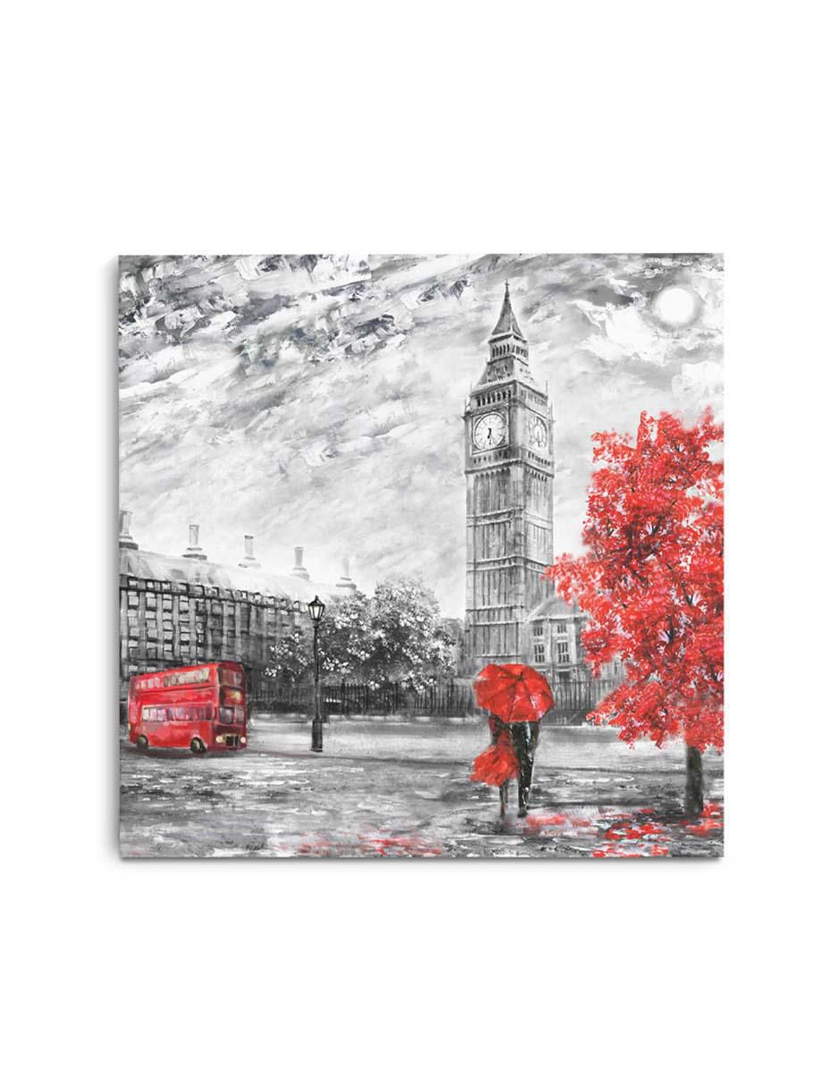 Cuadro decorativo Pareja mirando Big Ben bajo paraguas rojo con barniz a registro