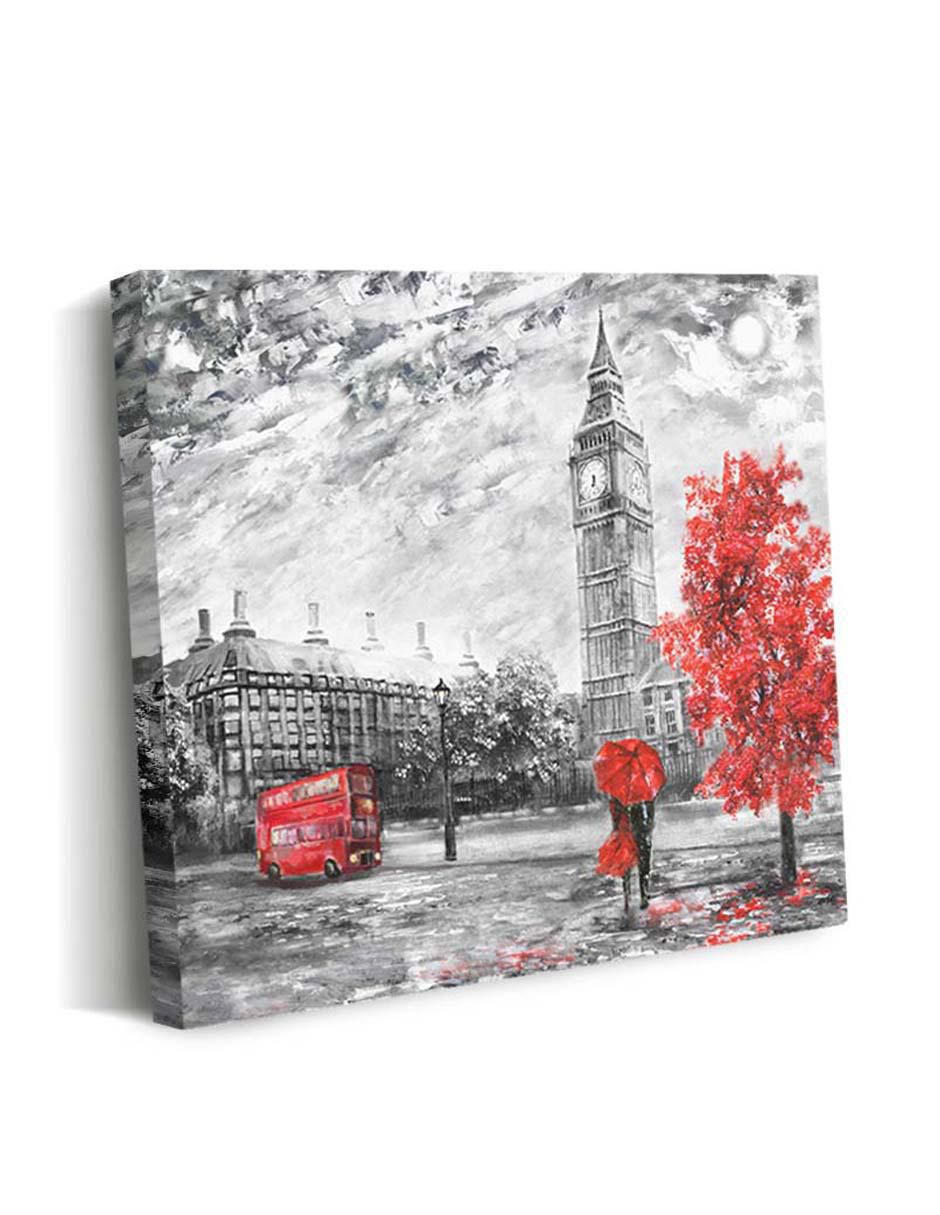 Cuadro decorativo Pareja mirando Big Ben bajo paraguas rojo con barniz a registro 2