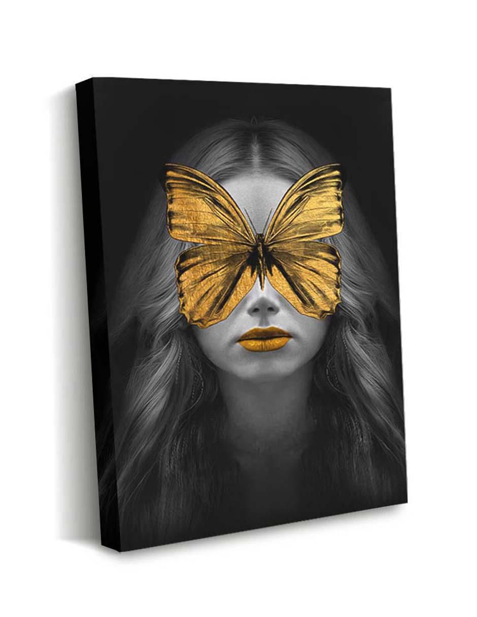 Cuadro decorativo Canvas Art Mujer mariposa dorada con barniz a registro