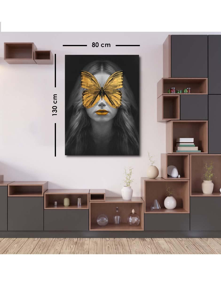 Cuadro decorativo Canvas Art Mujer mariposa dorada con barniz a registro
