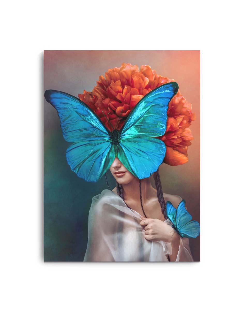 Cuadro decorativo Mujer con mariposa azul con barniz a registro