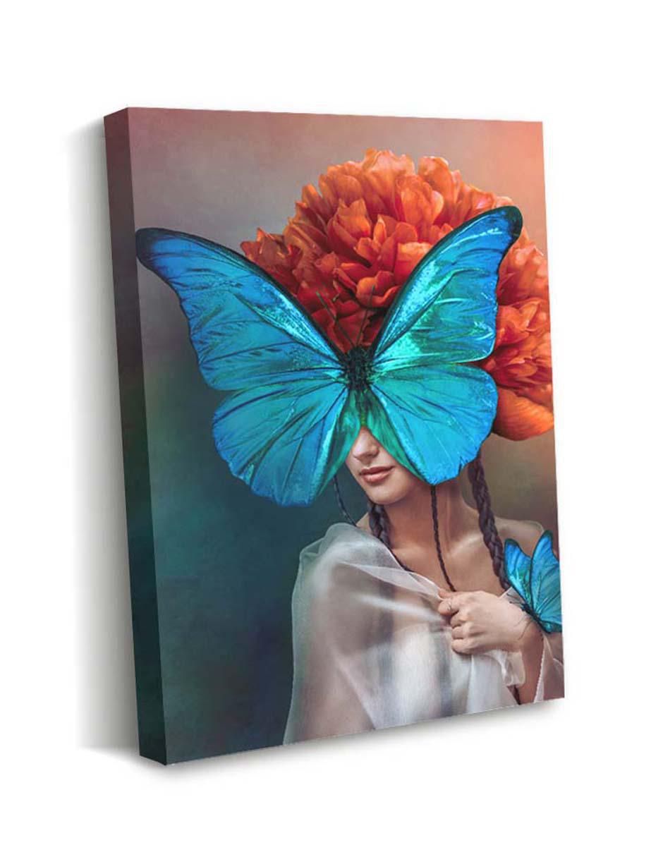 Cuadro decorativo Mujer con mariposa azul con barniz a registro 2