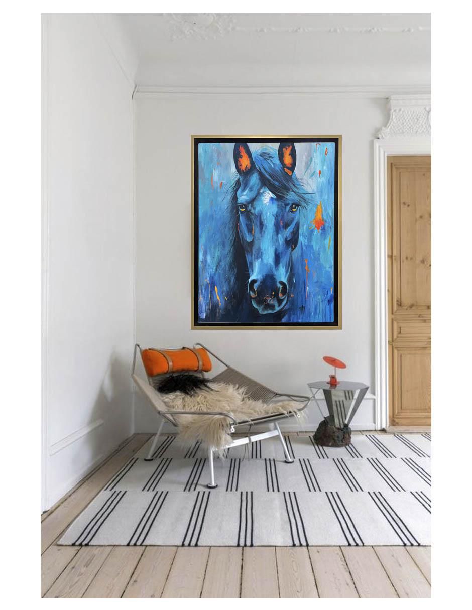 Pintura Equino azul con toques naranja técnica acrílico AnimalArt 2
