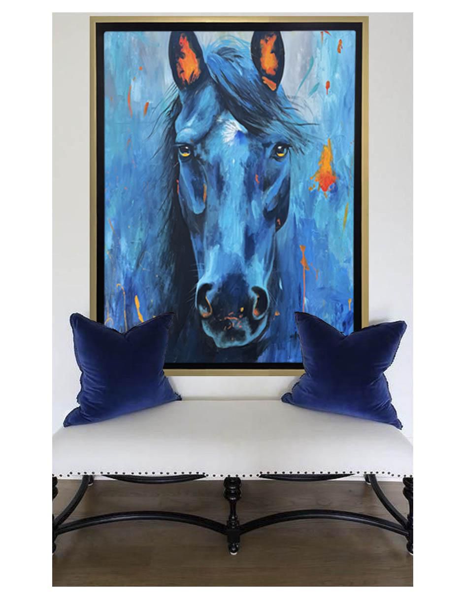 Pintura Equino azul con toques naranja técnica acrílico AnimalArt 5