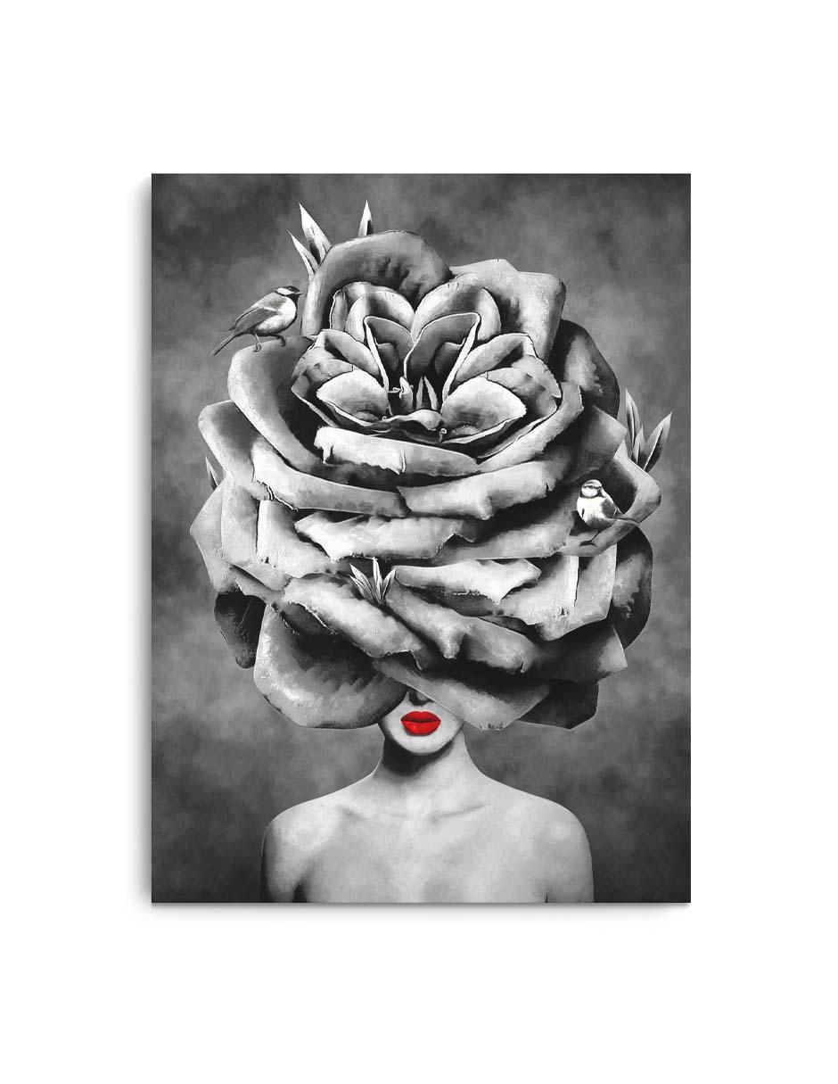 Cuadro decorativo Rosa sobre mujer de labios rojos con barniz a registro Cuadro decorativo Rosa sobre mujer de labios rojos con barniz a registro
