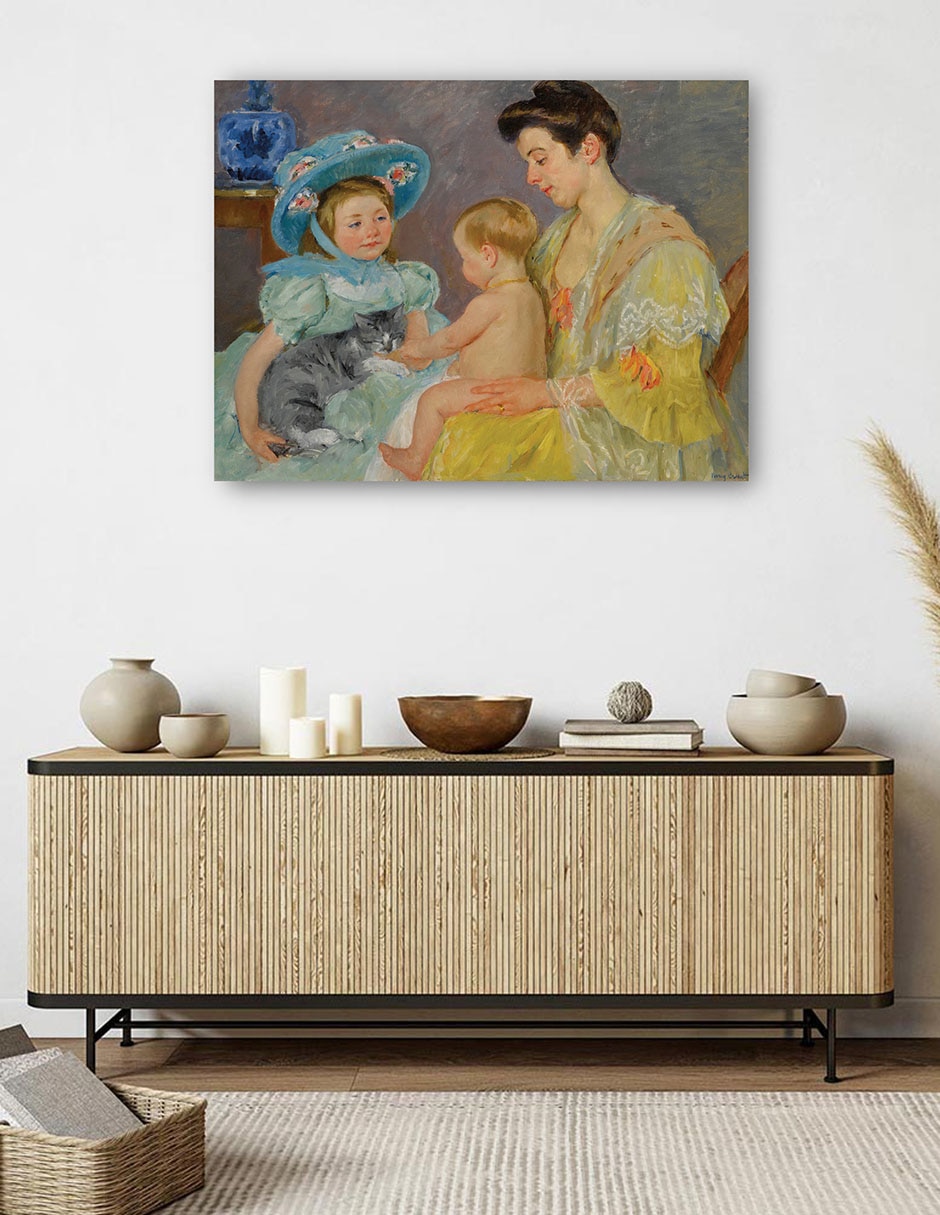 Cuadro decorativo Niños jugando con un gato técnica mixta Gente 5