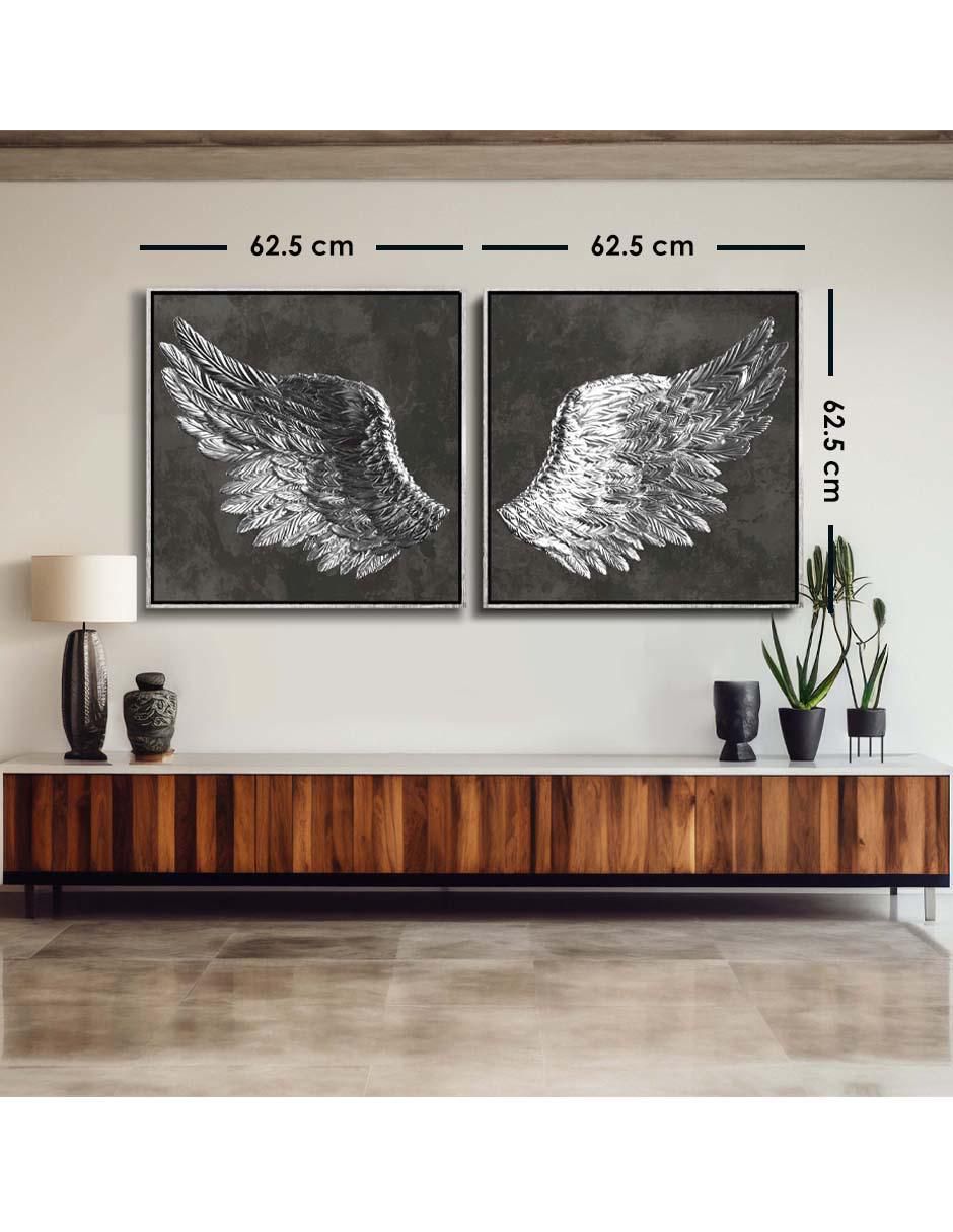 Cuadro decorativo canvas art set de alas de angel plateadas con barniz a registro
