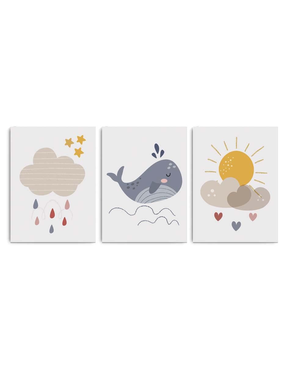Cuadro decorativo set de ballenita, sol y nubes en gris infantil con barniz a registro