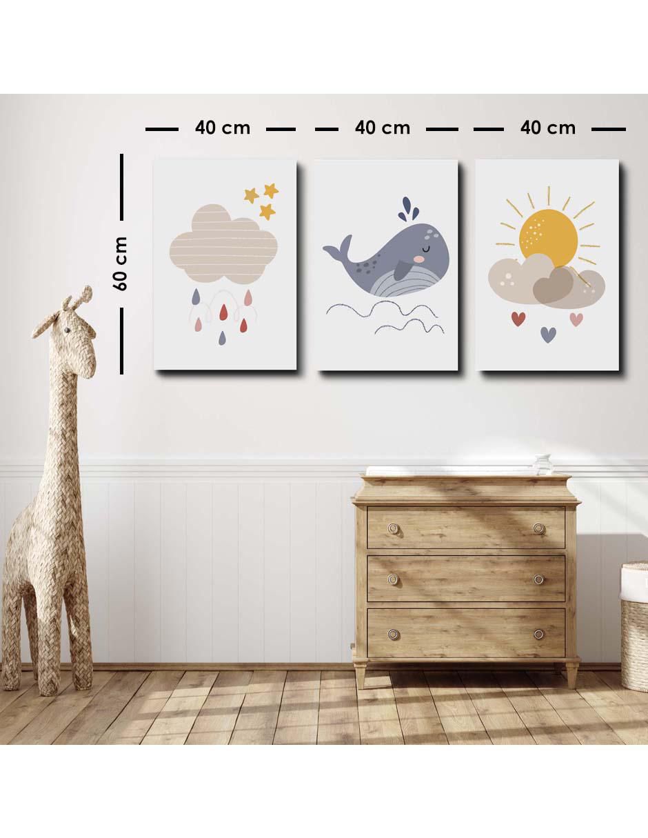 Cuadro decorativo set de ballenita, sol y nubes en gris infantil con barniz a registro 5